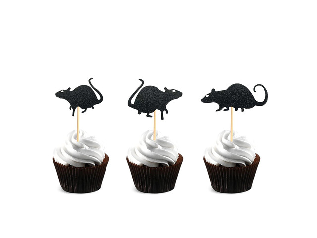 48Pcs Rat Cupcake Toppers Black Glitter Halloween Mouse Theme Cupcake Picks for Kids Birthday Party Supply Decorations