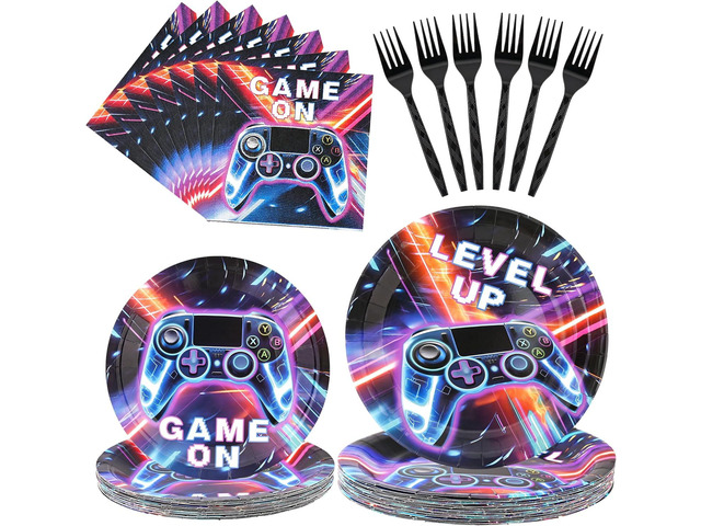 CANREVEL 96 PCS Video Gamer Birthday Party Plates Serve 24, Video Gaming Plates and Napkins Forks Set, Disposable Tableware for Video Gamer Party...
