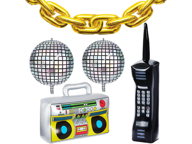 Zhanmai 18 Pcs 80s 90s Party Decorations Inflatable Radio Boombox Inflatable Mobile Phone Roller Skate Rainbow Balloons 22 Inch Disco Ball Balloons...