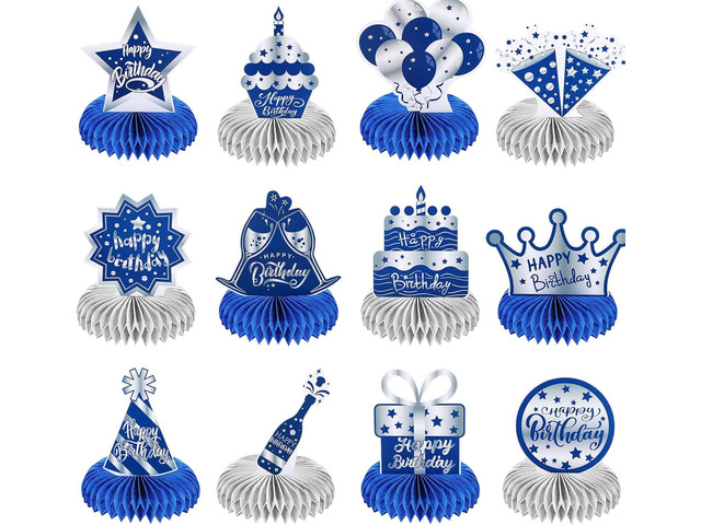 12 Pcs Happy Birthday Decorations for Men Blue Silver Honeycomb Centerpieces Party Supplies Paper Table Decorations Royal Table Centerpieces for...