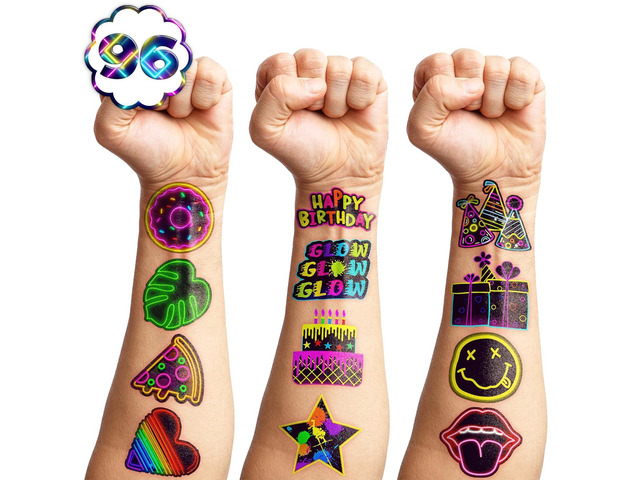 96 PCS Neon Pre-Cut Temporary Tattoos for Kids Themed Birthday Party Supplies Favors Decorations 8 Sheets Super Cute Fake Tattoo Stickers Gifts For...