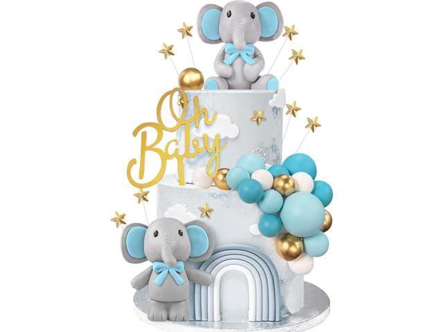 43 PCS Blue Elephant Cake Decoration Cute Baby Elephant Cake Decorations Oh Baby Cake Topper Star Cake Topper Blue Pearl Balls Cake Picks for Baby.