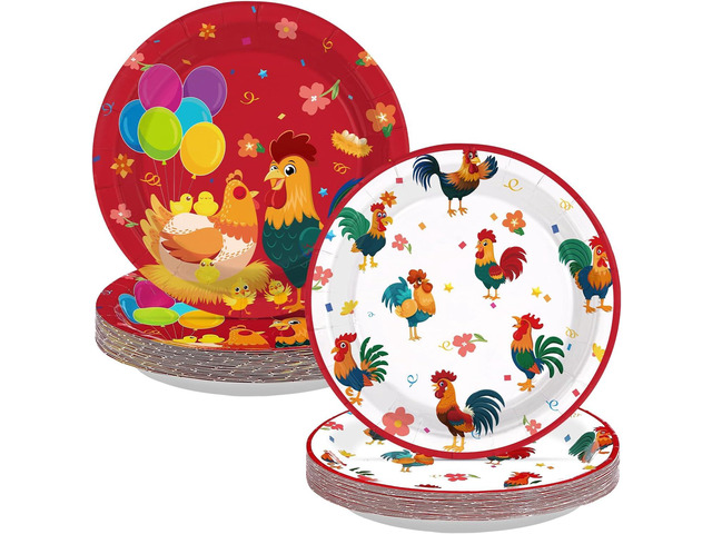 50Pcs Chicken Party Supplies 9'' Farm Rooster Paper Plates Disposable Red White Chicken Platters for Farm Rooster Hen Animal Theme Baby Shower...