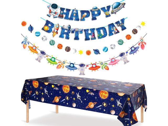 Outer Space Party Decorations - Space Theme Supplies with Happy Birthday Banner Solar System Tablecloth for Galaxy Party Decor (Tablecloth+Flag.