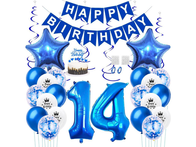 Daimay 14th Birthday Party Decorations Blue Happy Birthday Banner Flag Latex Confetti Balloons Number 14 Foil Balloon Star Mylar Balloons Cake...
