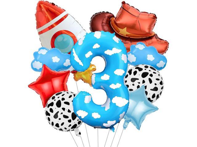 Toy Themed Decorations, 9pcs Cow Print Sky Blue Cloud Balloons with Rocket Balloon and Cowboy Hat Balloon for Kids Inspired Story 3rd Birthday.