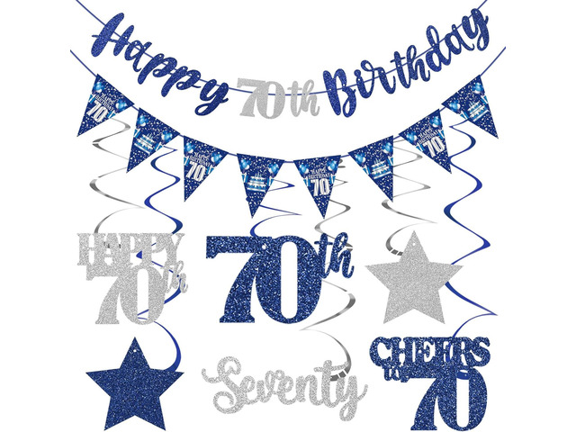 Blue Silver 70th Birthday Decorations for Men Women, Happy 70th Birthday Banner Stars Seventy Years Old Hanging Swirls Cheers to 70 Bday Decor...