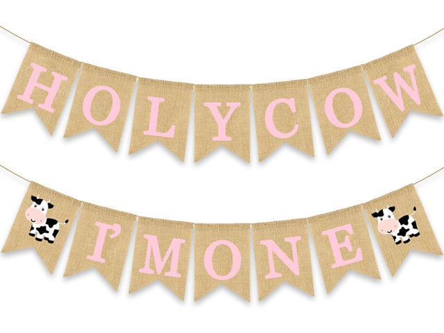 Holy Cow I'm One Banner Farm 1st Birthday Party Decoration Barnyard Burlap Garlands Western Girl First Birthday Supplies Pink