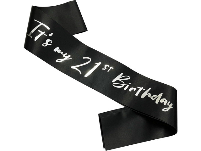 21st Birthday Sash, Black Satin Soft Sashes with Silver Foil Letter, Birthday Decorations for Girls or Boys, Happy 21st Birthday Party Favor...