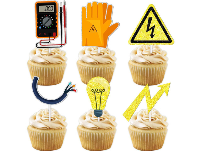 18pcs Gold Glitter Tools Dessert Cupcake Topper Power Electrician Lineman Theme Decor Supplies Boy Man Happy Birthday Party Decorations