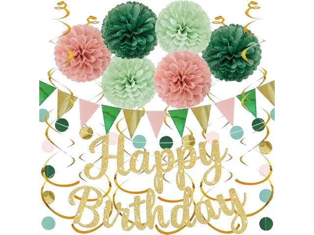 Sage Green Birthday Decorations, Happy Birthday Banner and Paper Pompoms, Hanging Swirls, Circle Dots Garland, Pennant Flags for Girls Women Party.