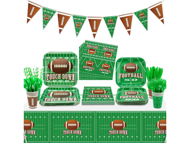 Football Theme Party Supplies - Includes Football Banner, Plates, Napkins, Cup, Tablecloth, Knives, Fork, Spoon and Straws for Boys Sports Theme...