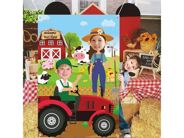Haooryx Farm Animals Photobooth Props - Farm Animals Large Satin Fabric Photo Booth Props Backdrop Face in Hole Background Banner Sign Decor Happy.