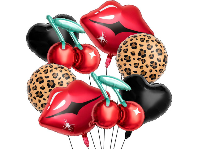 Realspring 8 Pcs Black and Red Foil Balloons Kit, Cherry Print, Red Lips, Cheetah Pattern and Black Heart Balloons for Bachelorette Party Decor,...