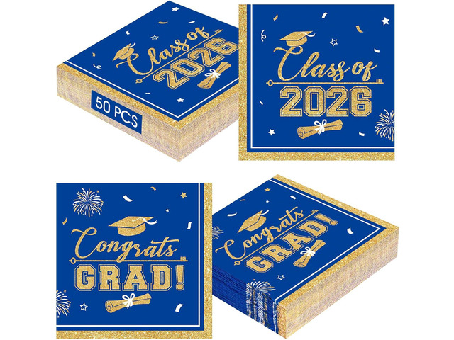 50 Pcs Graduation Napkins Class of 2026 - Blue Gold Congrats Grad Napkins Set, 3-Ply Disposable Graduation Luncheon Dinner Party Paper Napkins for...