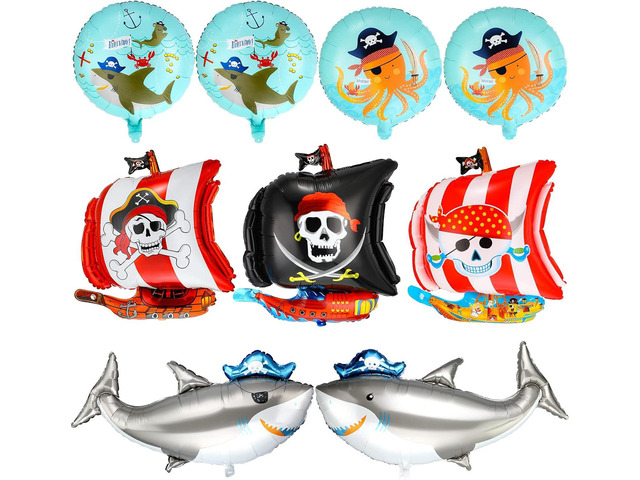 Sumind 9 Pieces Pirate Ship Foil Balloons 18 Inch Round Ocean Animals Shark Skeleton Squid Pattern Balloon for Birthday Party Supplies Decoration