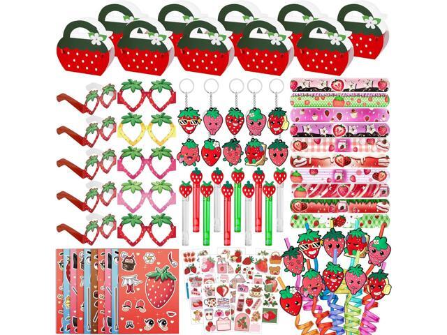 WHALEISLAND Strawberry Party Favor Sweet Berry gift bag Stickers Stampers Keychain Paper Straws Gift Rewards for Kids Girls Birthday Supplies