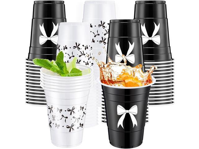 Jingmore 30 Pcs Black Bow Plastic Cups 16 oz Coquette Bowknot Disposable Cup for Coffee Hot Cold Drinks Birthday Wedding Bachelorette Baby Shower.