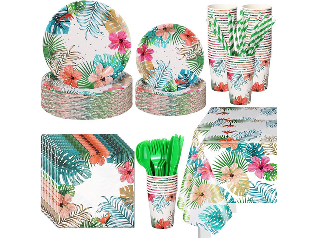 Mumufy 194 Pcs Hawaiian Luau Party Supplies Tropical Party Tableware Set Disposable Plates Napkins Cups Straws Cutlery and Tablecloth for Summer...