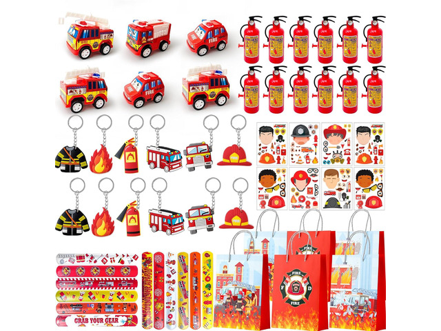 Firefighting Party Favor Bags Fillers, 72pcs Fire Truck Party Bags Truck Birthday Stickers Bracelet etc Fire Truck Favor Bag Fillers for...