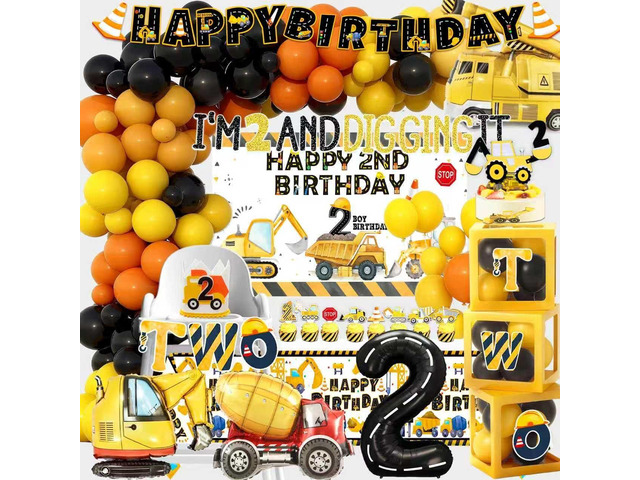 Construction 2nd Birthday Party Supplies Boy Dump Truck Digger Zone 2nd Birthday Decorations include Balloon Garland Balloon Box Highchair Banner...
