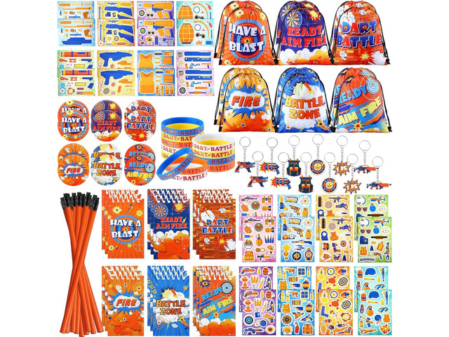 110 Pcs Dart Battle Party Favors Back to School Gifts Includes Dart Party Favor Bags Silicone Wristbands Badges Notebook Keychain Stickers HB...