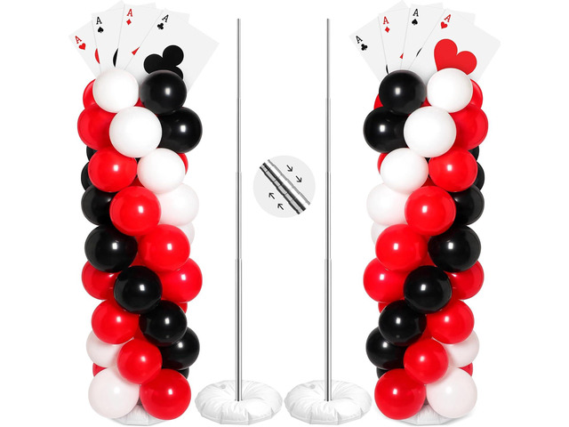 2 Sets Casino Theme Party Decoration Adjustable Poker Themed Balloon Column Stand Kit 8 Pcs Jumbo Poker Cards 129 Pcs Balloon Set for Las Vegas...