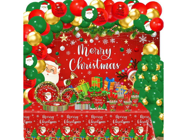 Christmas Party Decorations 345 PCS Santa Tableware Paper Plates Napkins Serve 24 Merry Christmas Backdrop Tablecloth Balloons Arch Friendsmas...