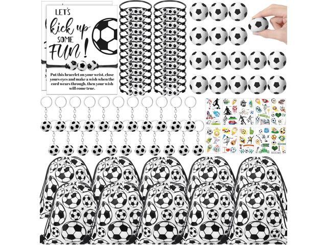 Equsion 144 Pcs Soccer Party Favors Drawstring Bags with Adjustable Bracelets Stress Balls Keychains Stickers and Wish Cards for Birthday Gifts.