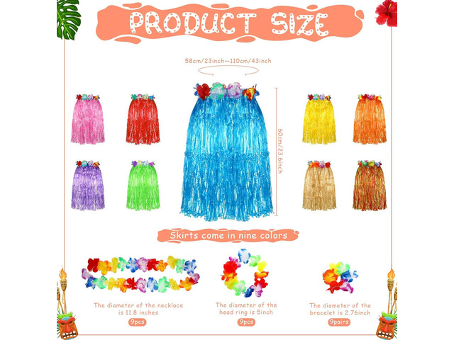 54 Pcs/ 9 Sets Luau Party Decorations Hawaiian Glasses Grass Skirts Leis for Tropical Beach Hawaii Party Supplies Women Men Costume Accessories