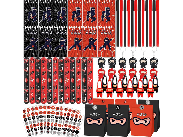 84pcs Karate Party Favor Set Red Black Karate Paper Bag Notepad Pen Slap Bracelets Key Chain TPR Stretchy Flying Toys Stickers Party Supplies for...