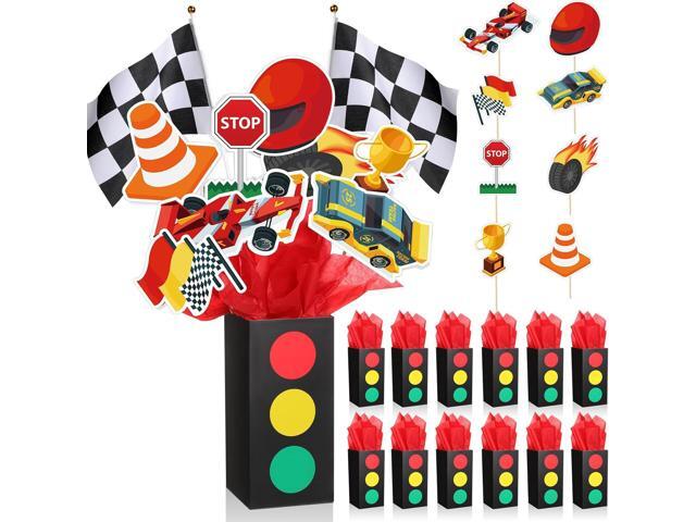 12 Sets Race Car Birthday Party Decorations Race Car Centerpieces for Tables with Traffic Boxes Themed Baby Shower Decoration Cutouts Checkered.