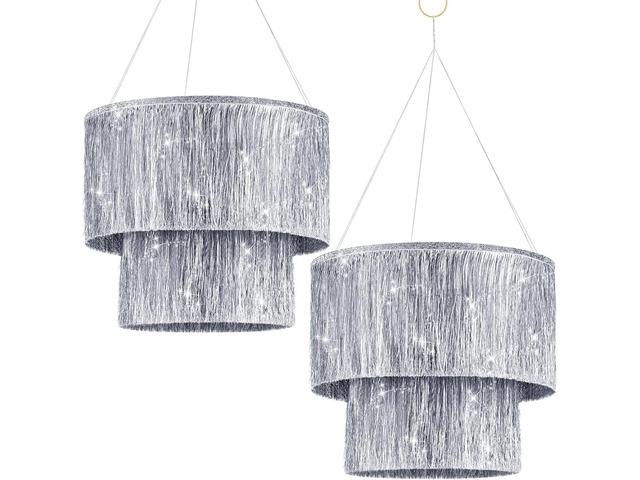 Rossesay 2 Pcs 2 Tier Fringe Tinsel Chandelier Iridescent Foil Party Disco Ball Decor Chandelier Decoration Metallic Foil Shimmering Bachelorette...
