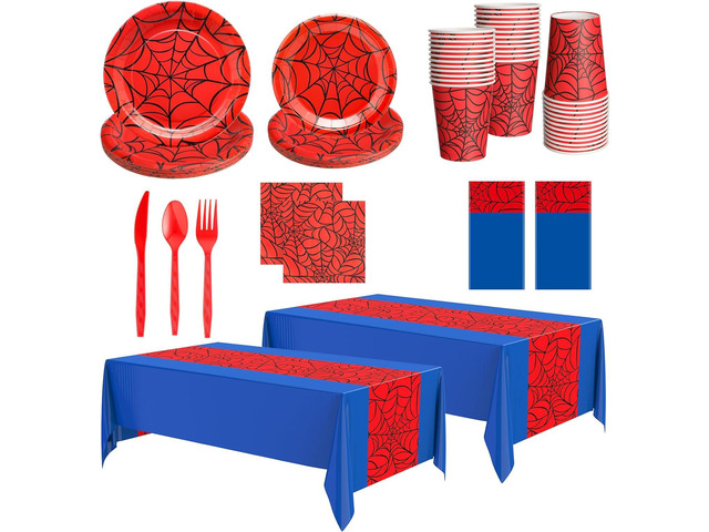 Oudain 162 Spider Birthday Party Decoration Supplies Red Blue Disposable Rectangular Spider Web Tablecloth Paper Plates Napkins Cups Set Plastic...