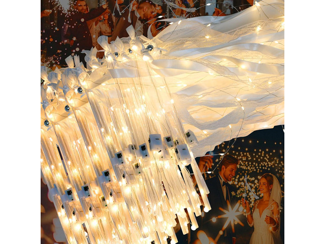 50 PCS Wedding Wands with Ribbons & Bells, Romantic Sparkle with Three Light Modes, Light up Wands for Wedding Send off, New Year, Birthday Party,...