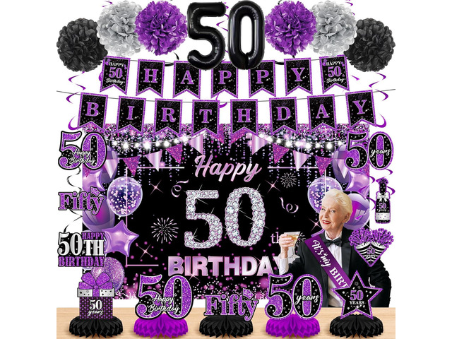 Purple 50th Birthday Decorations Kit for Women Men Purple Black 50th Birthday Banner 50th Birthday Balloons Honeycomb Centerpiece Swirls Paper...