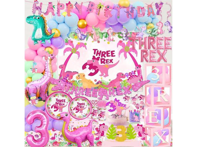 Three Rex Decorations Girl Pink Dinosaur Birthday Party Supplies Trex Dinosaur Tableware Set Crown Balloon Garland Balloon Boxes Glitte Highchair.