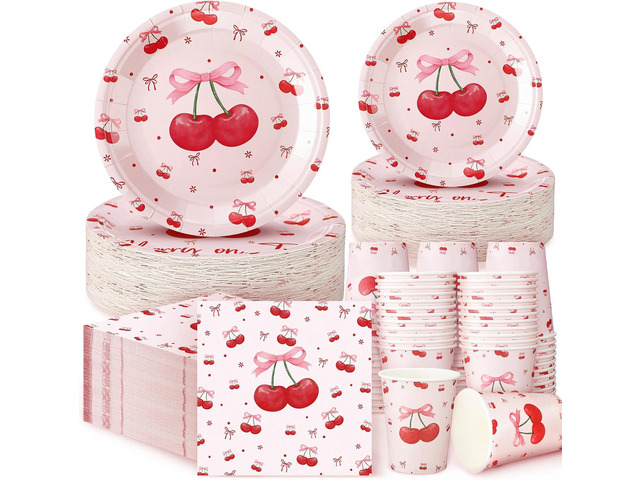 Zhehao 200 Pcs Cherry Decoration Baby Shower Plates Napkins Sets Birthday Party Bridal Shower Decoration Wedding Paper Plates Engagement...