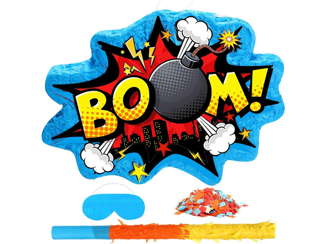 Namalu Hero Theme Comic Book PiÃ±ata for Birthday Party with Stick, Confetti & Blindfold - Boom Action Sign Design for Boys Hero Theme Party...