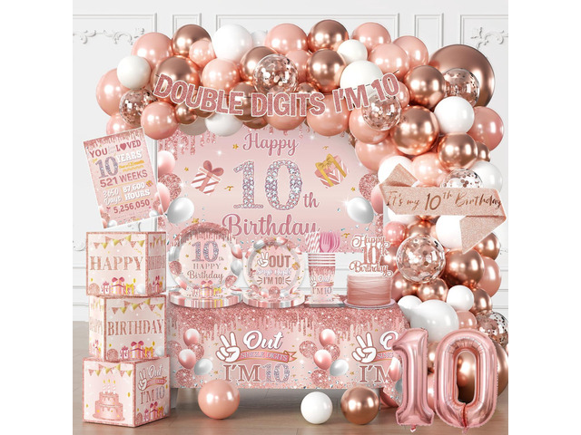 10th Birthday Decorations for Girl, Double Digits Birthday Girl 10 Years Old Double Digits I'm 10 Banner Balloons Garland Arch Backdrop Sash Plates...