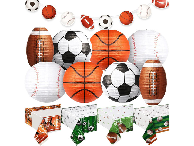 Sports Party Decorations Set for Birthday, 8 Hanging Lanterns, 4 Tablecloths & 2 Banners, Basketball, Soccer, Football, Birthday Themed Party Supplies