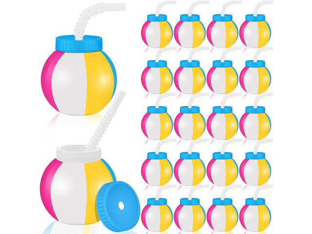 Nuanchu 20 Pcs 14 oz Summer Beach Ball Cups with Straws and Lids Plastic Sipper Reusable Party Cups Bulk Beach Summer Theme Party Favor for Kids...