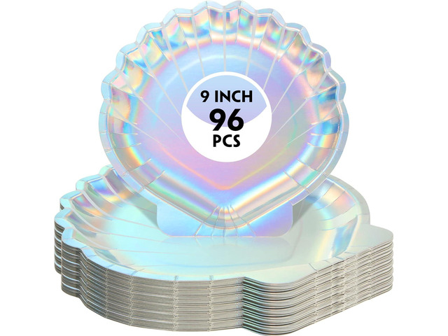 Zopeal 96 Pcs Mermaid Paper Plates Seashell Plates Party Supplies 9 Inch Disposable Iridescent Holographic for Girl Kids Birthday Party Decorations