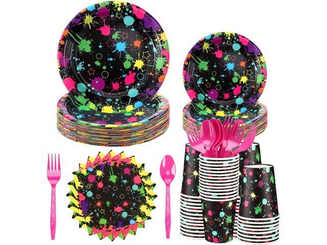 Yingzhao 180 Pcs Neon Glow Party Supplies Serves 30 Guests - Colorful Graffiti Party Decoration Favor with Plates, Cups, Napkins, Pink Forks and.