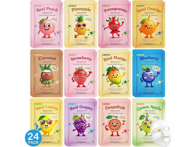 KONEUK 24 Pack Fruit Kids Face Mask, Collagen Hydrating Face Masks Skincare for Teens Girls, Skin Care for Kids, Spa Party Supplies and Bulk.