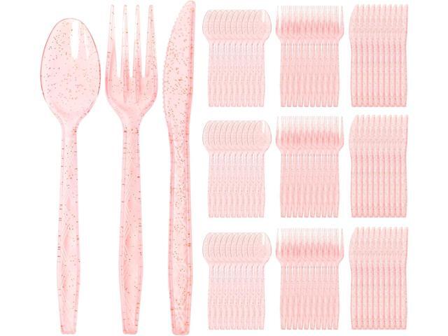180 Pack Pink Glitter Plastic Silverware,Disposable Glitter Cutlery,Heavy Duty Plastic Silverware 60 Pink Forks, 60 Knives, 60 Spoons For Party.