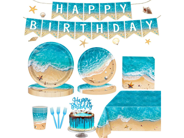 Beach Party Decorations, Ocean Themed Party Decorations Include Plates Napkins, Cake Topper, Cups Banner Tablecloth for Hawaiian Pool Summer...