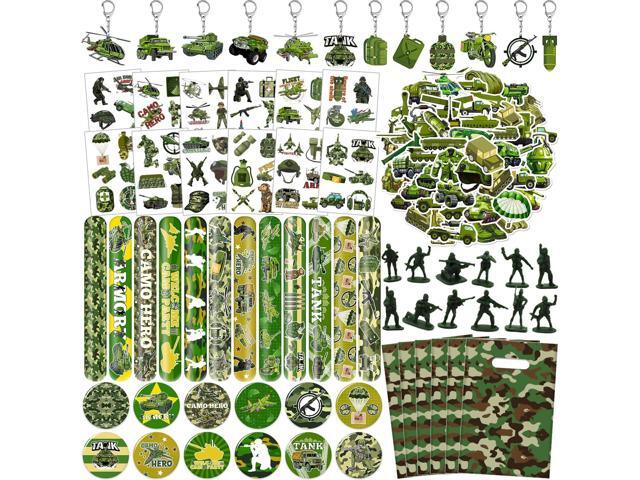 122 PCS Army Party Favors, Military Camo Temporary Tattoos Slap Bracelets Keychains Stickers Badges Goodie Bags Soldiers Figures for Army Birthday...