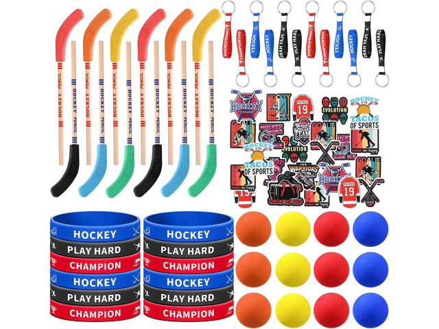 Hungdao 98 Pcs Hockey Party Favors Include 12 Ice Hockey Pencil with Eraser 12 Foam Knee Ball 12 Silicone Bracelet 12 Motivational Keychain 50...
