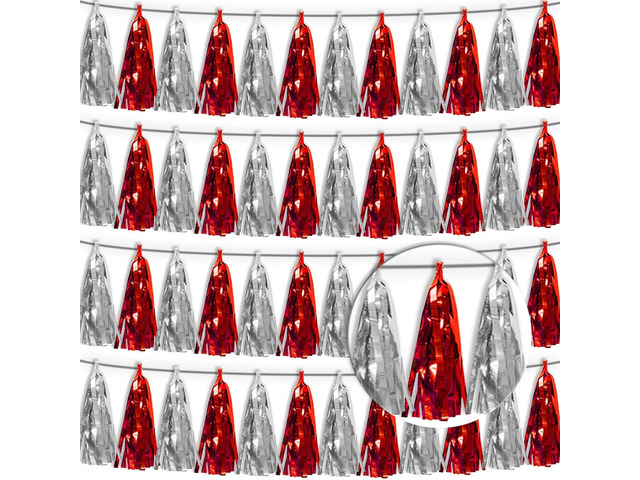 4P Red Silver Tassel Banner Garland Metallic Foil Fringe Banner Tinsel Tassels Streamer Banner Backdrop for Parade Floats, 2025 Graduation...